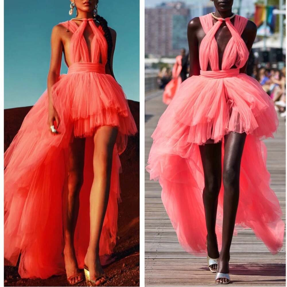 BRONX AND BANCO Taraji Tiered Ruffle Tulle Sheer Cutout High Low Maxi Gown Sz XS